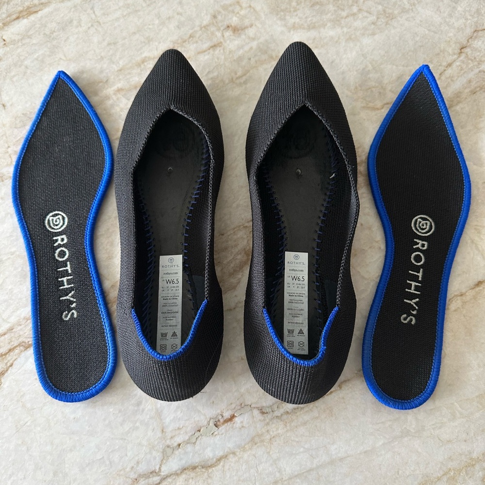 Rothy's Black Flats with Blue Accents